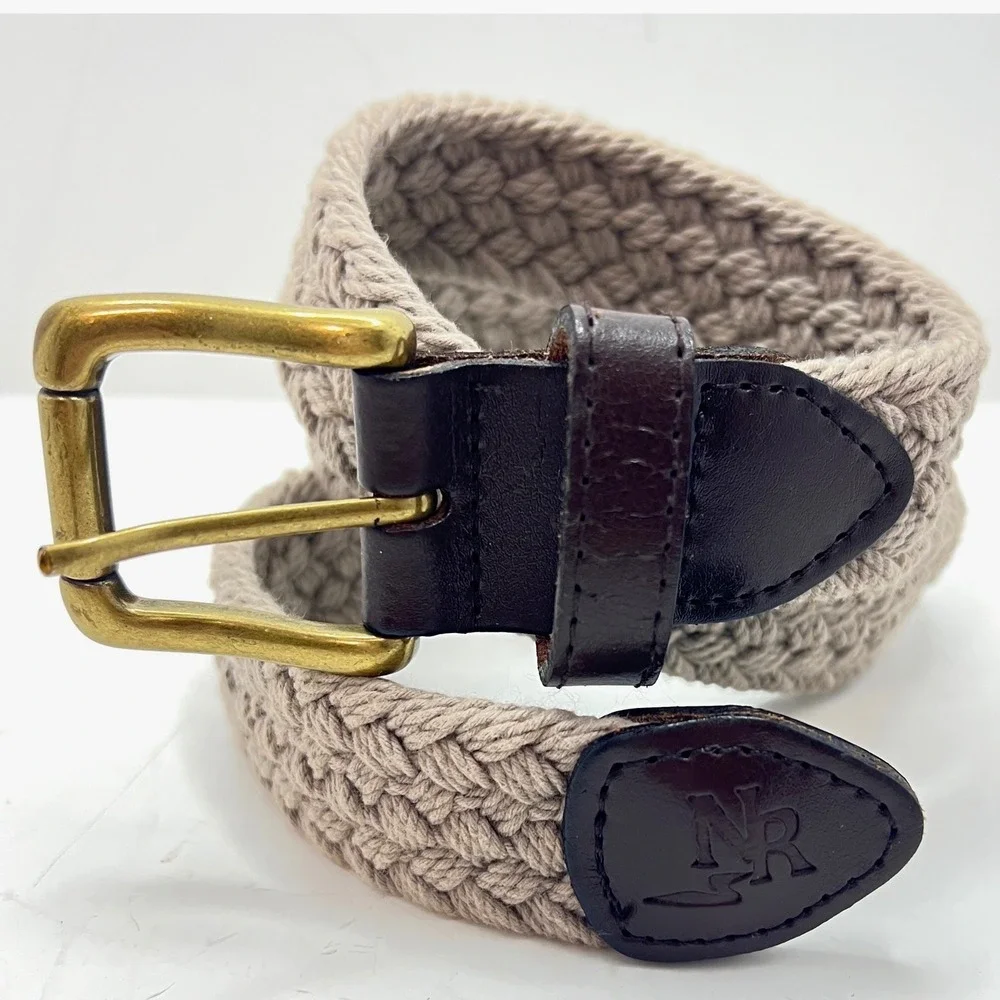 Northern Reflections Vtg Cotton Braided Belt Beige Leather Brass Buckle Size‎ M